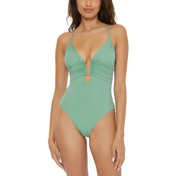 Becca Bristol Plunge One-Piece Cutout Crisscross Swimsuit Mineral Blue Size S - Picture 6 of 16